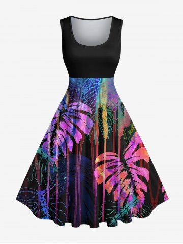 Plus Size Colorful Tropical Leaf Print Hawaii 1950s Vintage Dress - BLACK - 2X