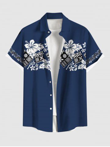 Plus Size Floral Leaves Geometric Blocks Print Hawaii Button Pocket Shirt For Men - BLUE - XL
