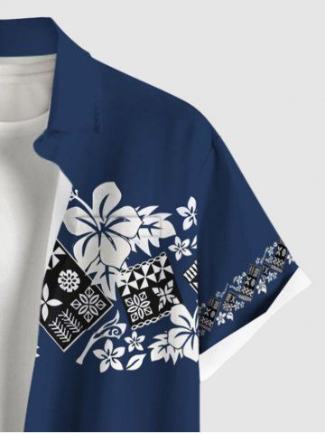 Plus Size Flower Leaf Geometric Blocks Print Hawaii Button Pocket Shirt For Men
