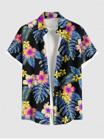 Plus Size Tropical Leaf Flowers Print Buttons Pocket Hawaii Shirt For Men