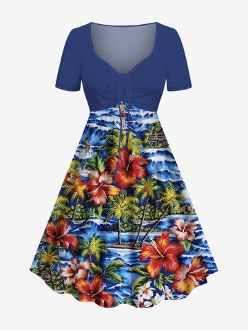Plus Size Coconut Tree Hibiscus Flower Sea Waves Tropical Print Cinched Hawaii Dress - BLUE - 6X