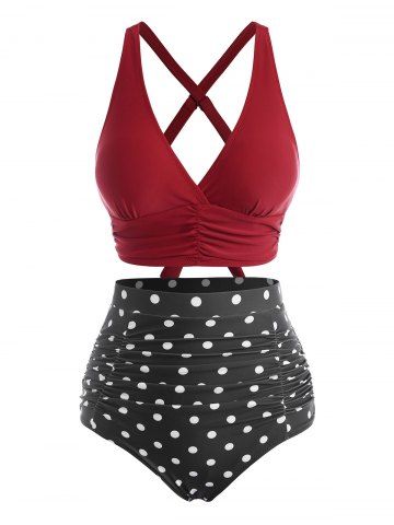 Ruched High Waisted Polka Dot Tankini Swimwear - DEEP RED - S