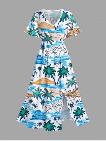 Plus Size Coconut Tree Sea Waves Beach Hand Paint Print Split Hawaii Midi Dress