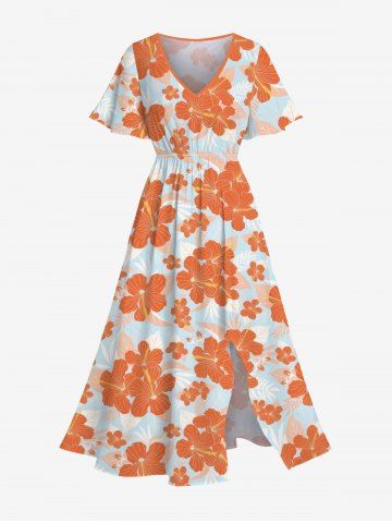 Plus Size Tropical Hibiscus Flowers Print Split Hawaii Midi Dress - ORANGE - 6X