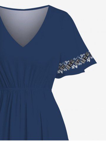 Plus Size Flower Leaf Geometric Blocks Print Hawaii Split Pocket A Line Midi Dress