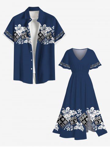 Plus Size Flower Leaf Geometric Blocks Print Hawaii Split Pocket A Line Midi Dress