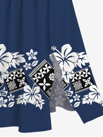 Plus Size Flower Leaf Geometric Blocks Print Hawaii Split Pocket A Line Midi Dress