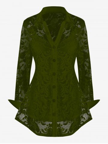 Plus Size Lace Flower Sheer Blouse and Cami Top Set - DEEP GREEN - 5X | US 30-32