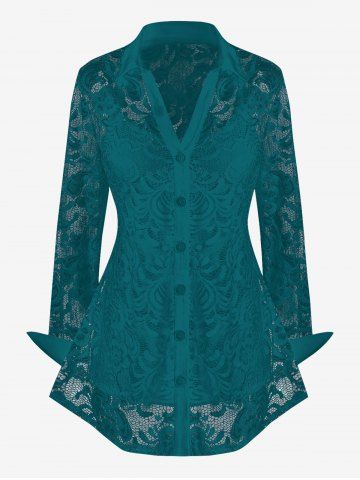 Plus Size Lace Flower Sheer Blouse and Cami Top Set - GREEN - 5X | US 30-32