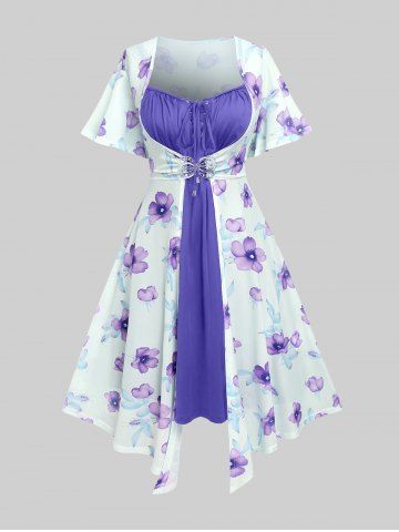 Plus Size Flutter Sleeves Floral Dress and Lace-up A Line Cami Dress Set - LIGHT PURPLE - 5X | US 30-32
