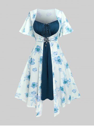 Ensemble robe fleurie à manches papillon grande taille et robe débardeur trapèze à lacets - BLUE - L | US 12