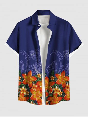 Plus Size Tropical Leaf Flower Print Hawaii Button Pocket Shirt For Men - BLUE - 2XL