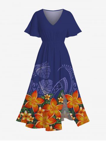 Robe midi trapèze grande taille à imprimé floral tropical hawaïen et poches fendues - BLUE - L