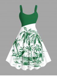 Plus Size Colorblock Coconut Tree Seascape Print Hawaii Tank Dress -  
