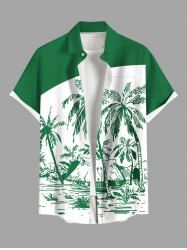Plus Size Colorblock Coconut Tree Seascape Print Buttons Pocket Hawaii Shirt For Men -  