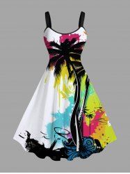Plus Size Coconut Tree Painting Graffiti Print Hawaii A Line Tank Dress -  