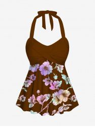 Haut de Tankini Tordu Fleuri Branche Ombré Imprimé sans Dos à Col Halter - café 6X