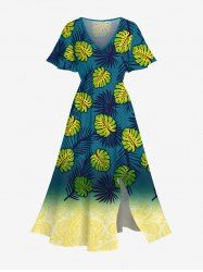 Plus Size Tropical Leaves Dip Dye Ombre Print Hawaii Split Pocket A Line Midi Dress -  