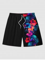Plus Size Tropical Leaf Hibiscus Flower Print Hawaii Beach Shorts For Men -  