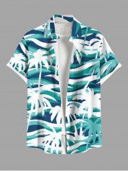 Plus Size Coconut Tree Sea Waves Print Buttons Pocket Hawaii Shirt For Men -  