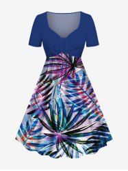 Plus Size Colorful Tropical Leaf Print Cinched Hawaii Dress -  