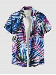 Plus Size Colorful Tropical Leaf Print Buttons Pocket Hawaii Shirt For Men -  