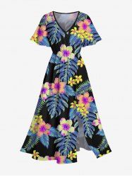 Robe Mi-Longue Hawaïen Fendue Fleur et Feuille Tropicale Imprimées de Grande Taille - Noir 2X