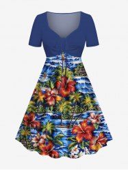 Plus Size Coconut Tree Hibiscus Flower Sea Waves Tropical Print Cinched Hawaii Dress -  