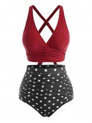 Maillot de Bain Tankini Plissé à Taille Haute à Pois - Rouge foncé 2XL