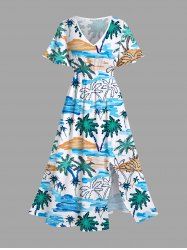 Robe de Plage Hawaïen Mi-Longue Vague de Mer et Arbre Noix de Coco Imprimés de Grande Taille - Bleu clair 6X