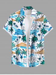 Plus Size Coconut Tree Sea Waves Beach Hand Paint Print Buttons Pocket Hawaii Shirt For Men -  