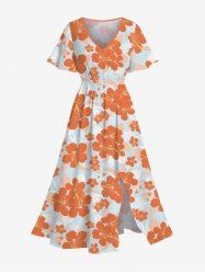 Plus Size Tropical Hibiscus Flowers Print Split Hawaii Midi Dress -  