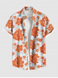 Plus Size Tropical Hibiscus Flowers Print Buttons Pocket Hawaii Shirt For Men -  