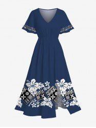 Plus Size Floral Leaves Geometric Blocks Print Hawaii Split Pocket A Line Midi Dress -  