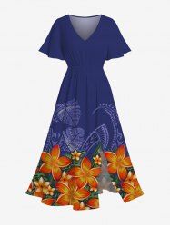 Robe midi trapèze grande taille à imprimé floral tropical hawaïen et poches fendues - Bleu S