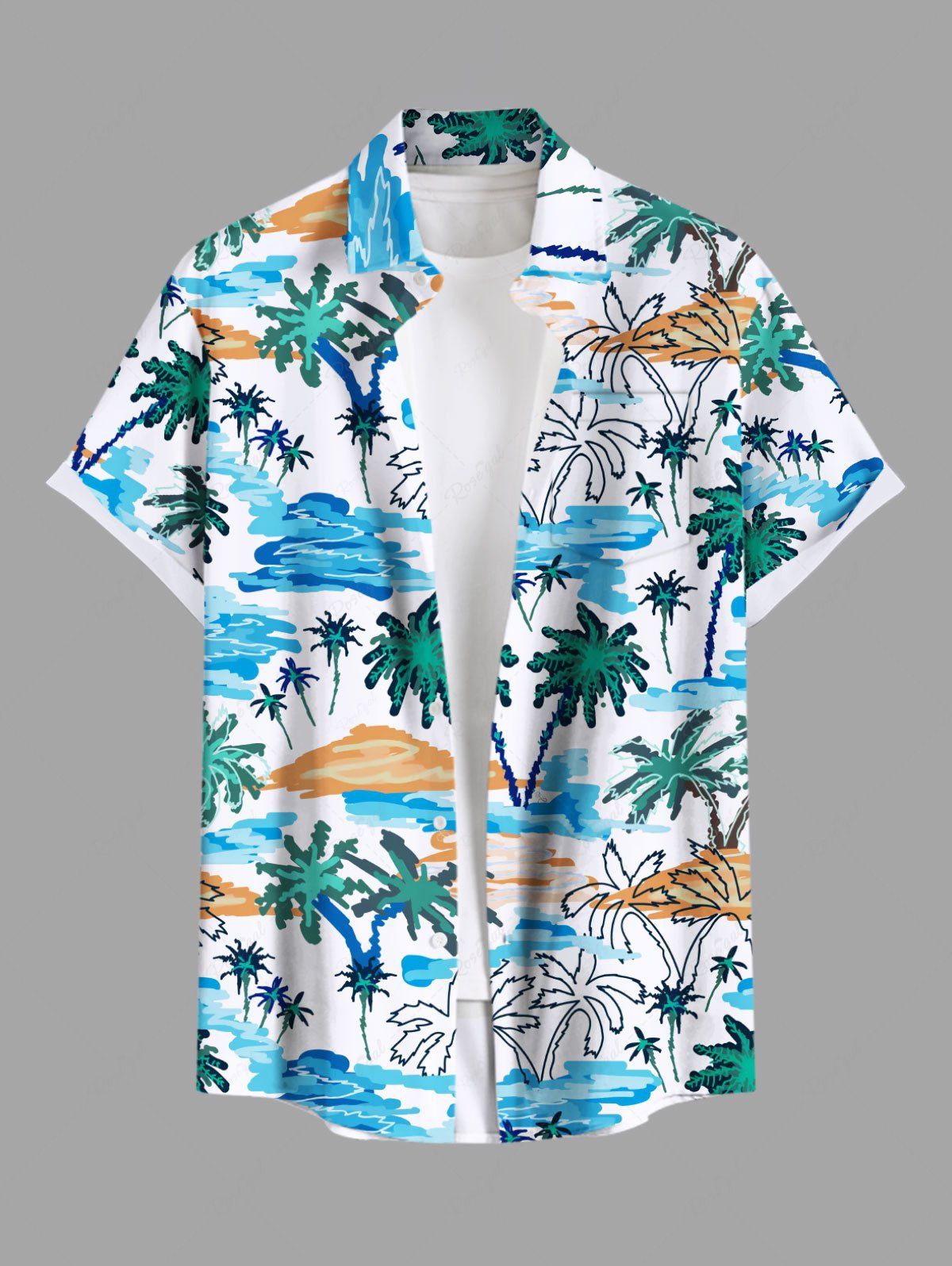 Store Plus Size Coconut Tree Sea Waves Beach Hand Paint Print Buttons Pocket Hawaii Shirt For Men  