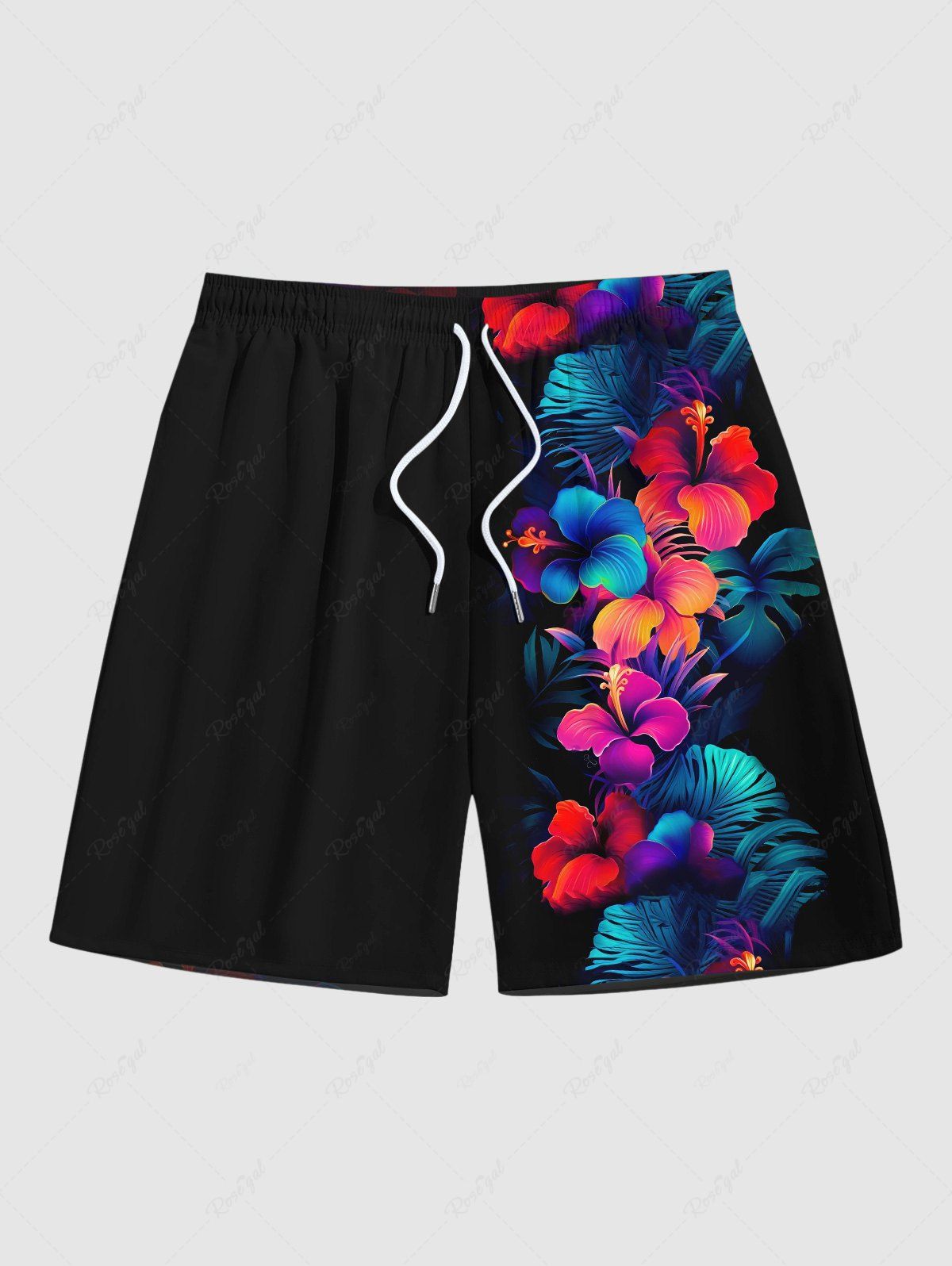 Outfits Plus Size Tropical Leaf Hibiscus Flower Print Hawaii Beach Shorts For Men  