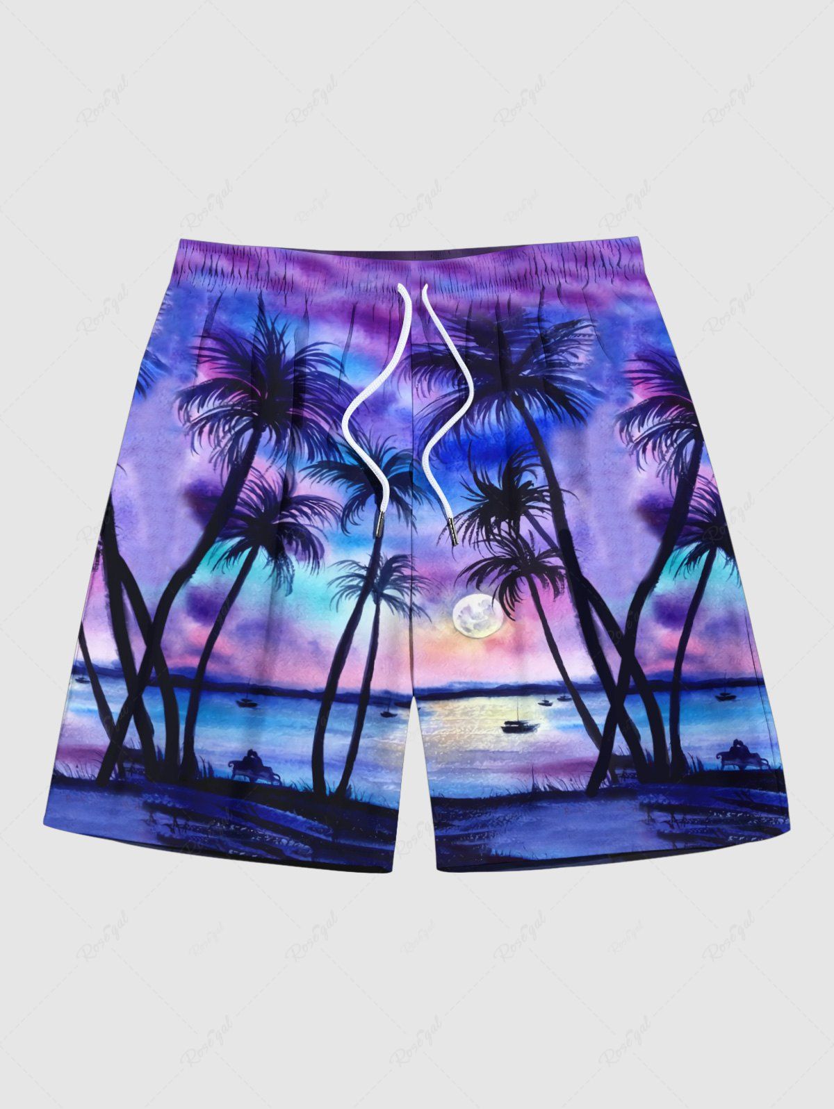 Affordable Plus Size Tie Dye Coconut Tree Sun Seascape Print Hawaii Beach Shorts For Men  
