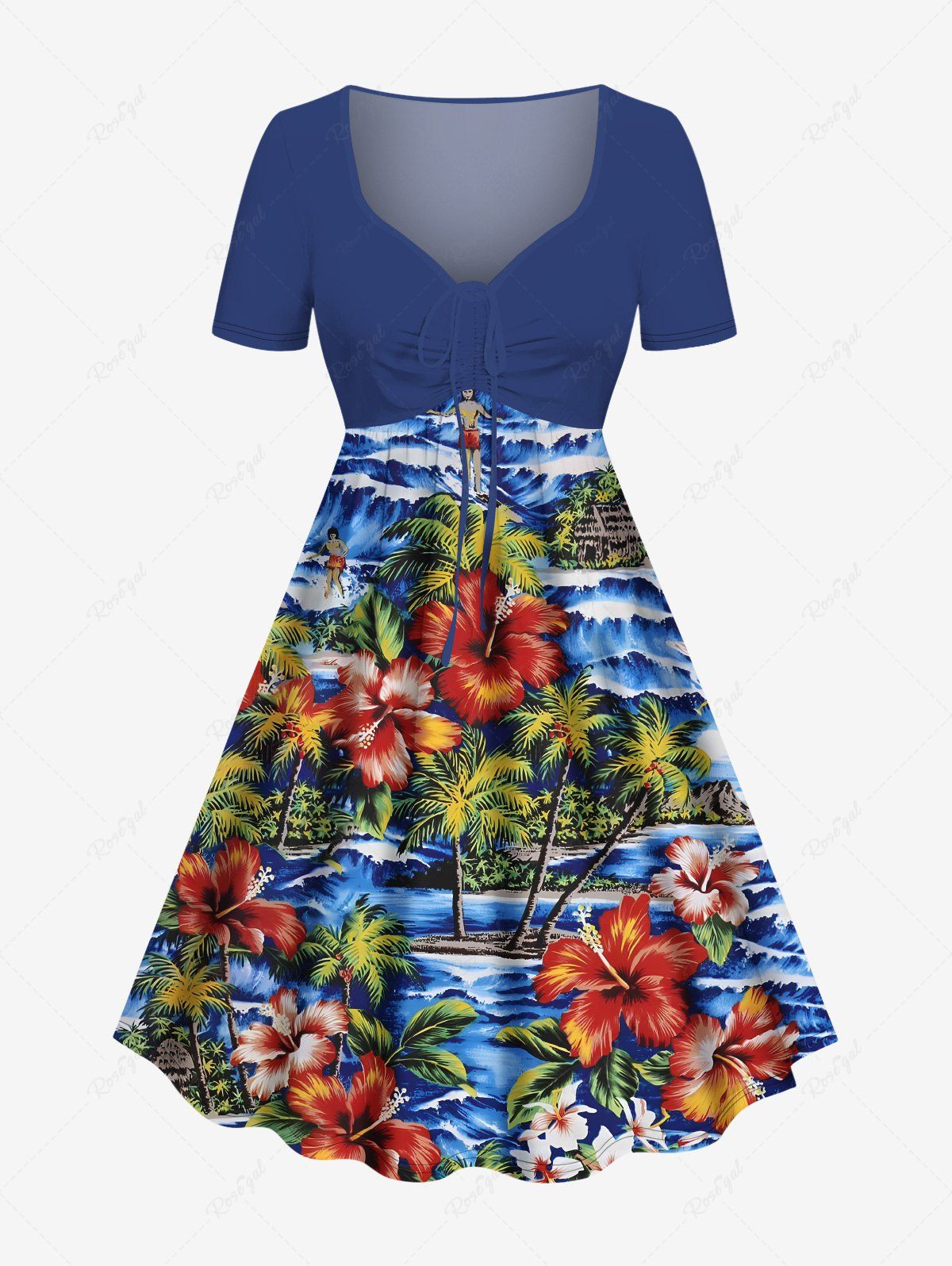 Cheap Plus Size Coconut Tree Hibiscus Flower Sea Waves Tropical Print Cinched Hawaii Dress  