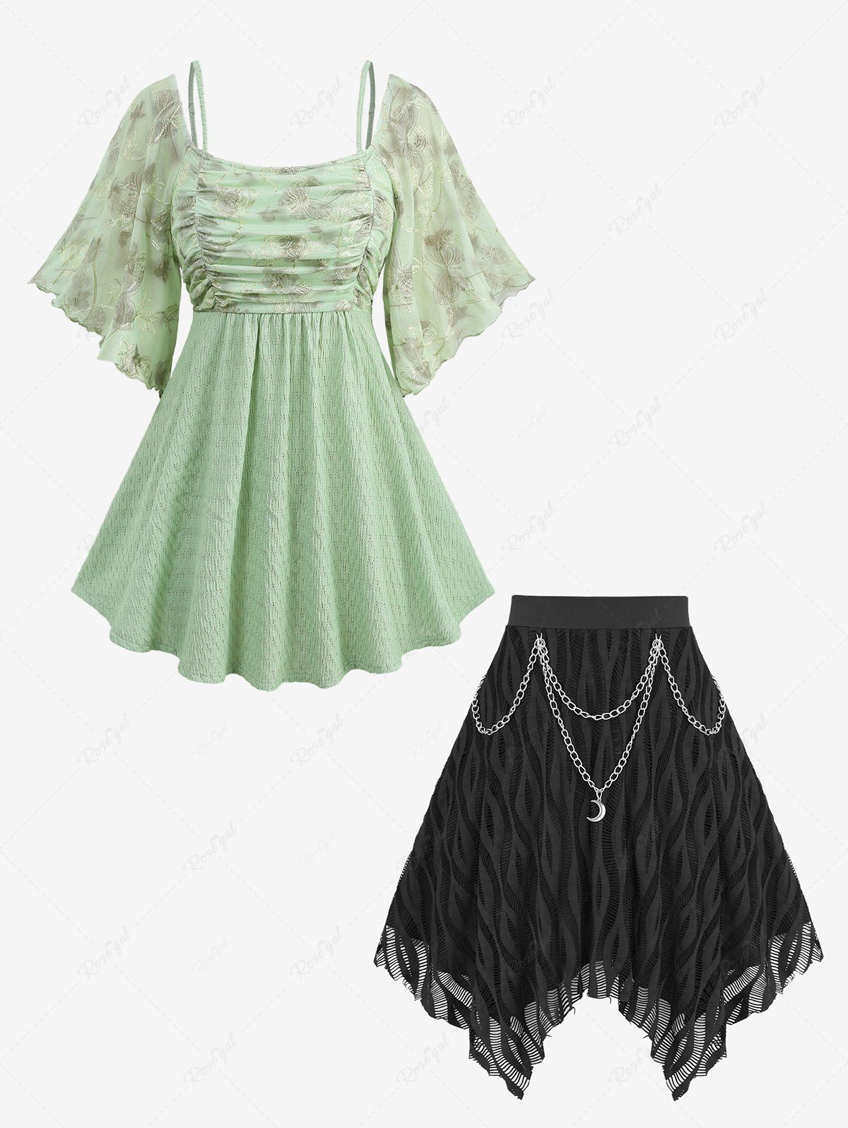 New Butterfly Print Floral Lace Embroidered Top and Textured Mesh Layered Moon Chain Tassel Skirt Plus Size Outfit  