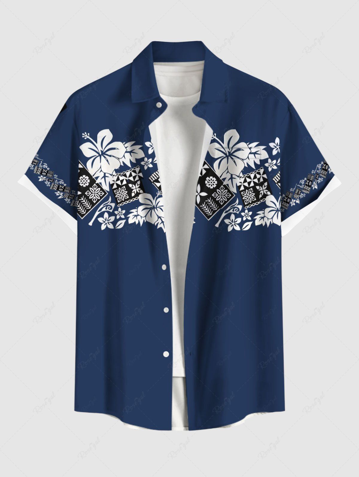 Latest Plus Size Floral Leaves Geometric Blocks Print Hawaii Button Pocket Shirt For Men  