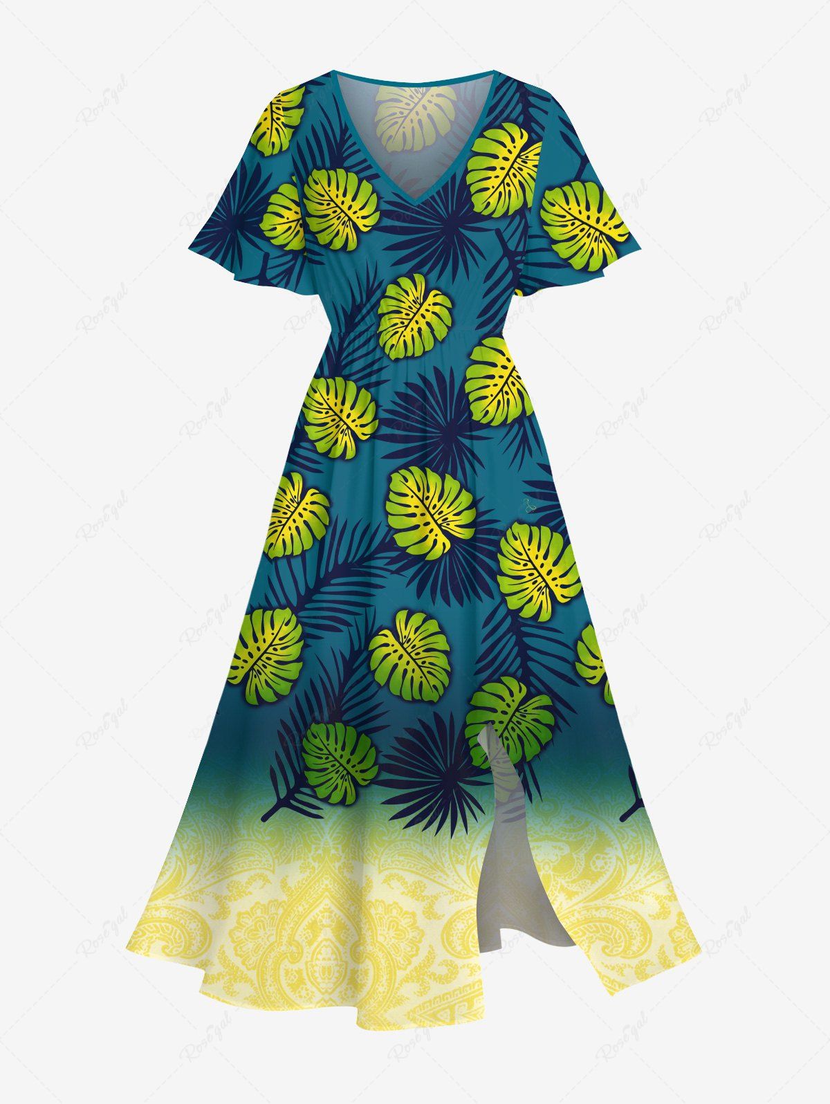 Robe Mi-Longue Feuille Tropicale Ombrée Ligne A de Grande Taille avec Poche Vert 6X