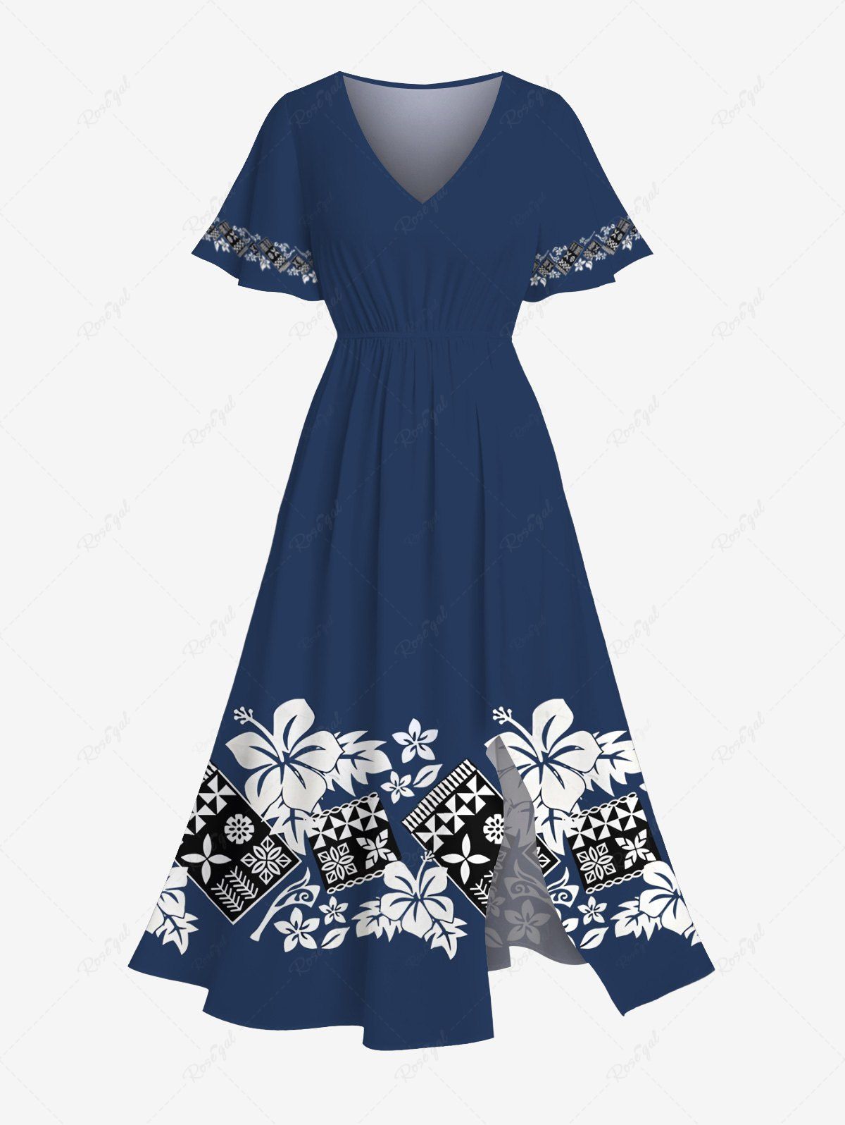 Unique Plus Size Floral Leaves Geometric Blocks Print Hawaii Split Pocket A Line Midi Dress  