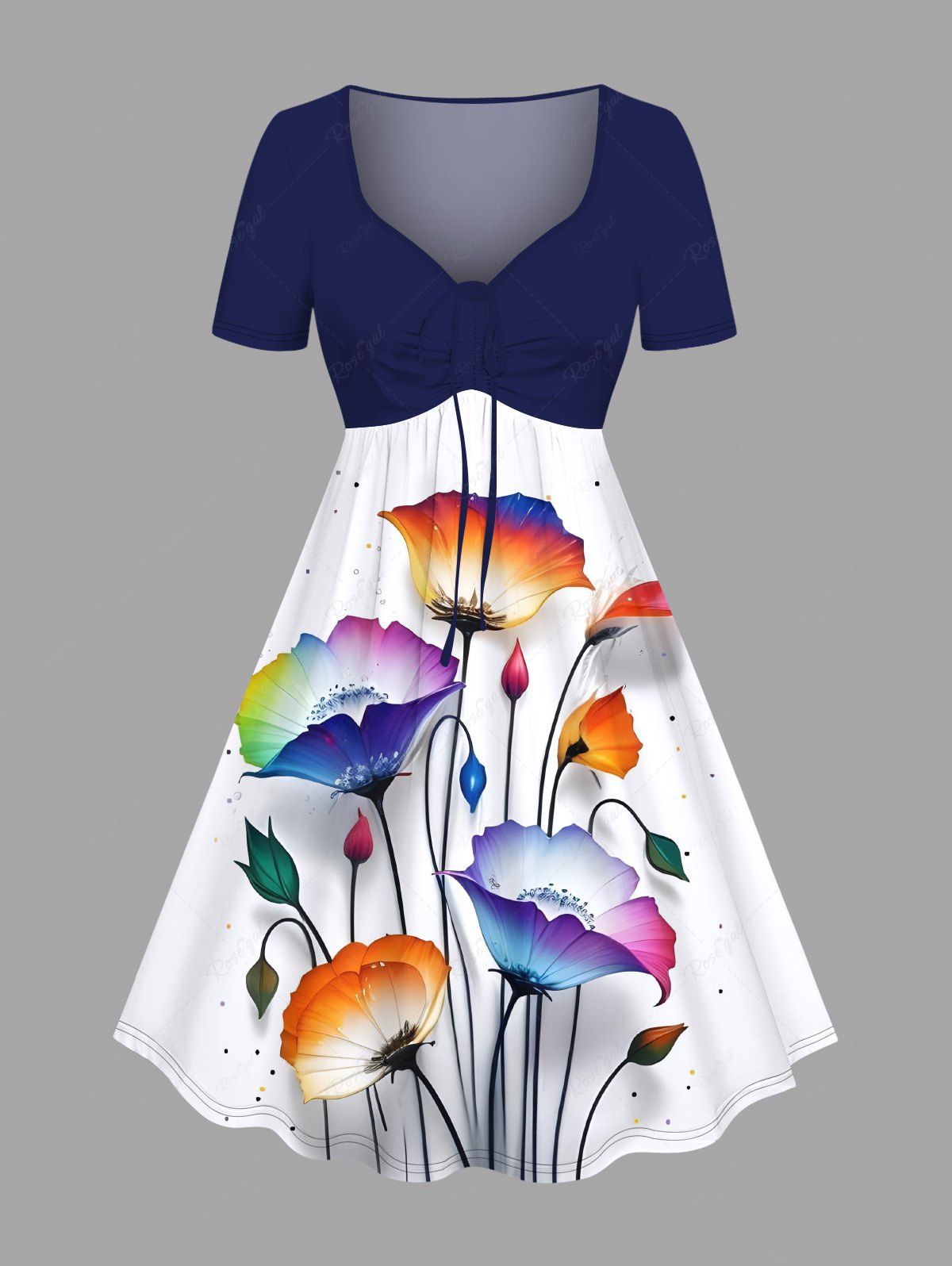 Robe Hawaii Ligne A Jointive Fleurie Branche D'Encre Eclaboussée Imprimée de Grande Taille Bleu profond 6X