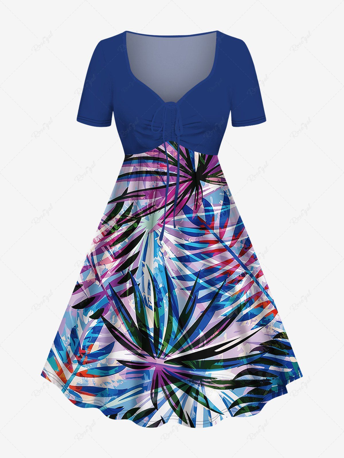 Shop Plus Size Colorful Tropical Leaf Print Cinched Hawaii Dress  