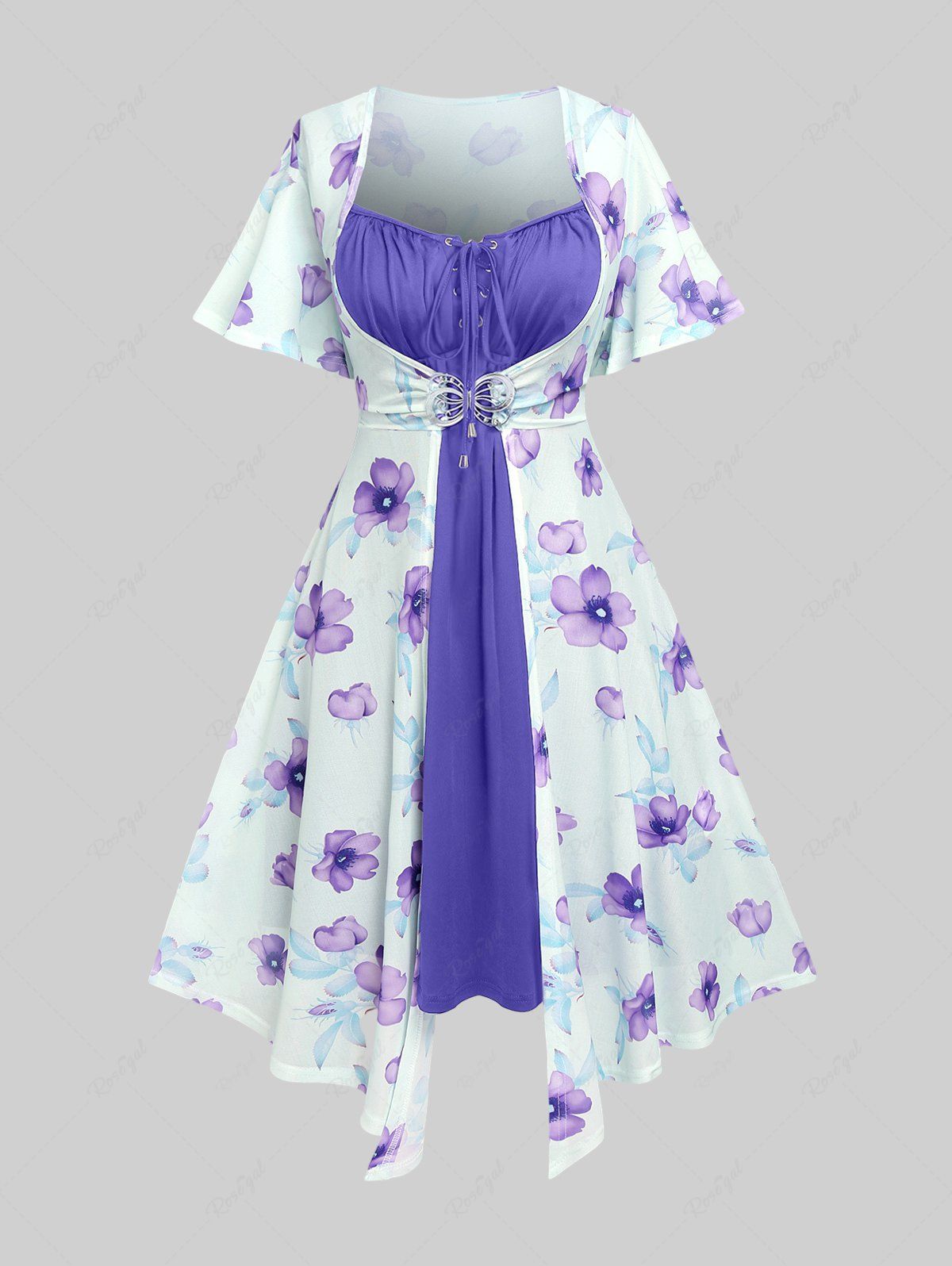 Chic Plus Size Flutter Sleeves Floral Dress and Lace-up A Line Cami Dress Set  