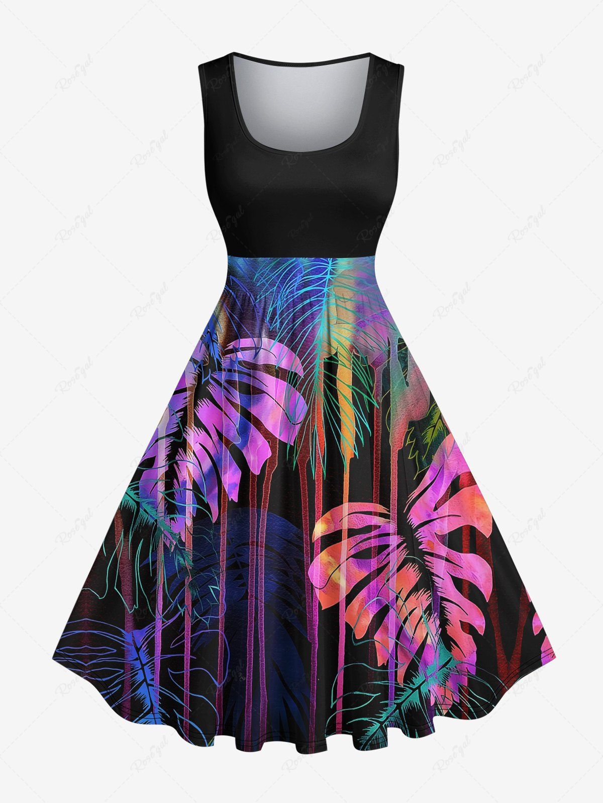 Shops Plus Size Colorful Tropical Leaf Print Hawaii 1950s Vintage Dress  
