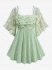 Butterfly Print Floral Lace Embroidered Top and Textured Mesh Layered Moon Chain Tassel Skirt Plus Size Outfit -  
