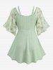 Butterfly Print Floral Lace Embroidered Top and Textured Mesh Layered Moon Chain Tassel Skirt Plus Size Outfit -  