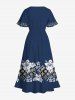 Plus Size Flower Leaf Geometric Blocks Print Hawaii Split Pocket A Line Midi Dress -  